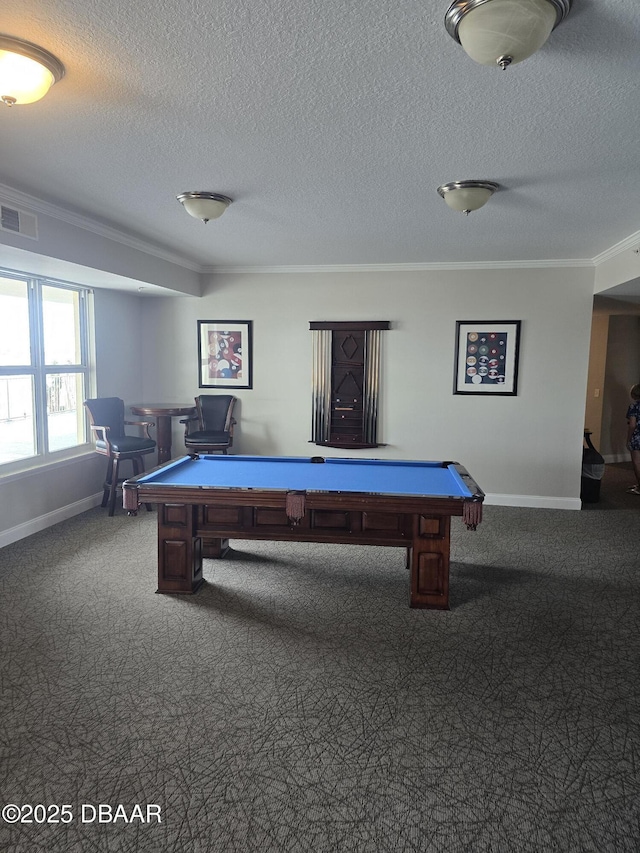 playroom featuring crown molding, pool table, and visible vents