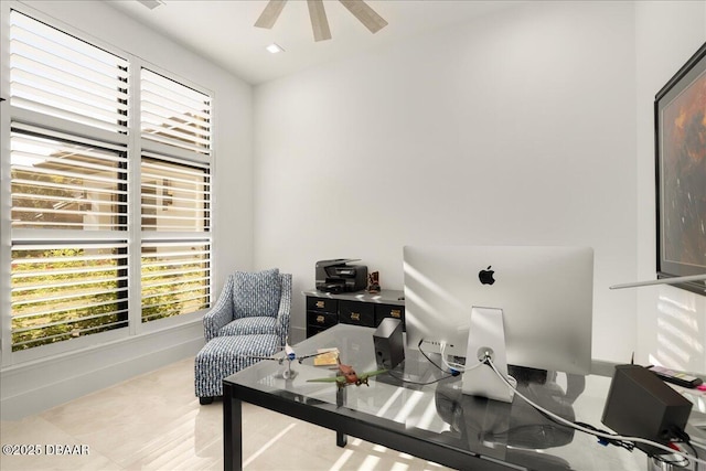 634 Woodbridge Dr, Ormond Beach, FL 32174 - office space with ceiling fan and light tile patterned floors