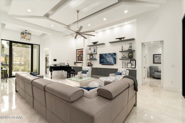 634 Woodbridge Dr, Ormond Beach, FL 32174 - living room with light marble finish flooring, a ceiling fan, a high ceiling, recessed lighting, and baseboards