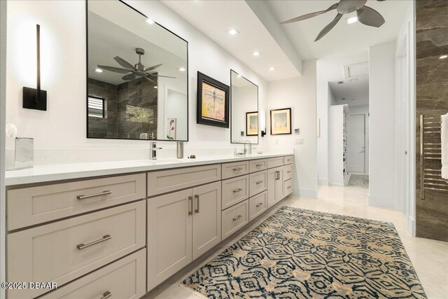 634 Woodbridge Dr, Ormond Beach, FL 32174 - full bath featuring a ceiling fan, double vanity, a tile shower, and recessed lighting