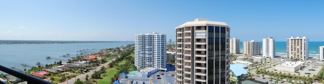 exterior space with a water view