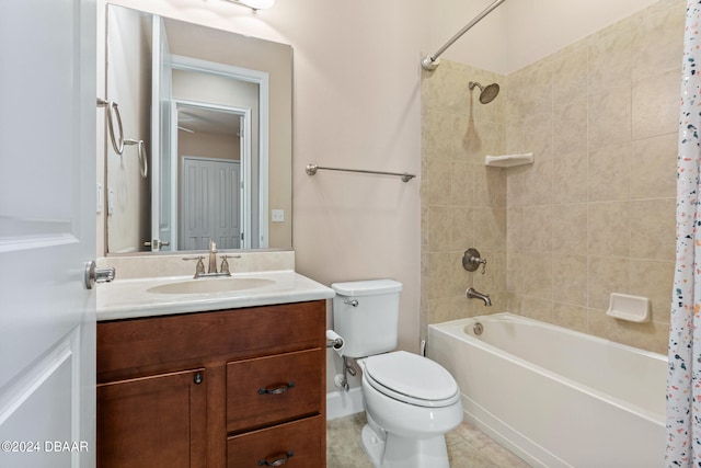 full bathroom featuring shower / tub combo with curtain, vanity, toilet, and tile patterned flooring