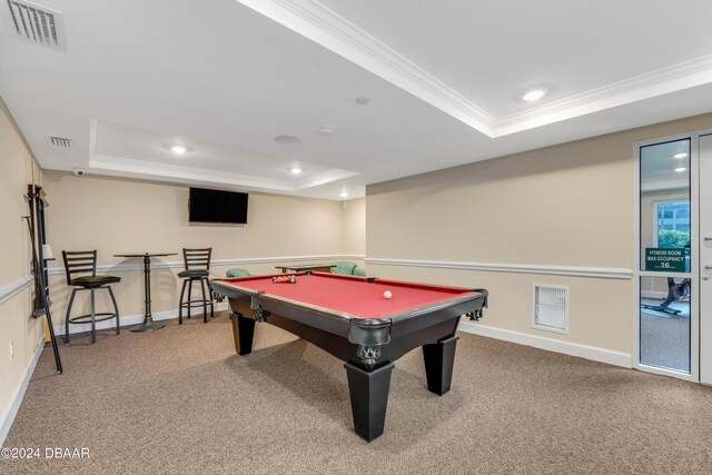3797 S Atlantic Ave Unit 404, Daytona Beach, FL 32118 - recreation room with a tray ceiling, crown molding, carpet floors, pool table, and recessed lighting