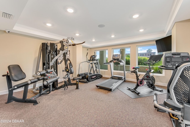 3797 S Atlantic Ave Unit 404, Daytona Beach, FL 32118 - gym with a tray ceiling, ornamental molding, baseboards, recessed lighting, and carpet