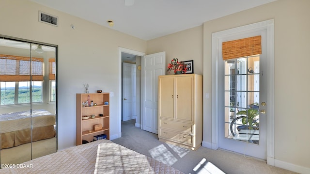 carpeted bedroom with access to exterior and a closet