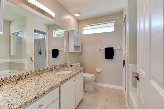 full bathroom with toilet, a shower stall, vanity, and tile patterned floors