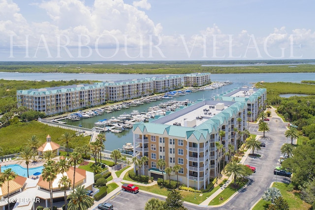 drone / aerial view featuring a water view