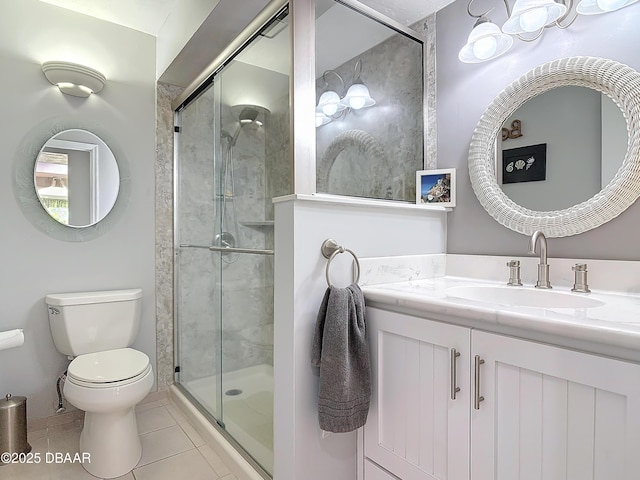 full bathroom with toilet, a shower with door, tile patterned flooring, and vanity