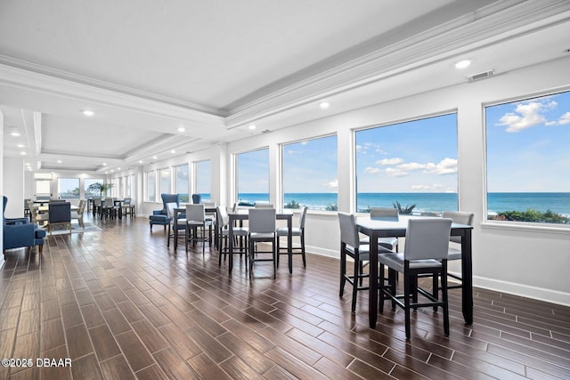 dining room featuring wood finish floors, a raised ceiling, and a water view