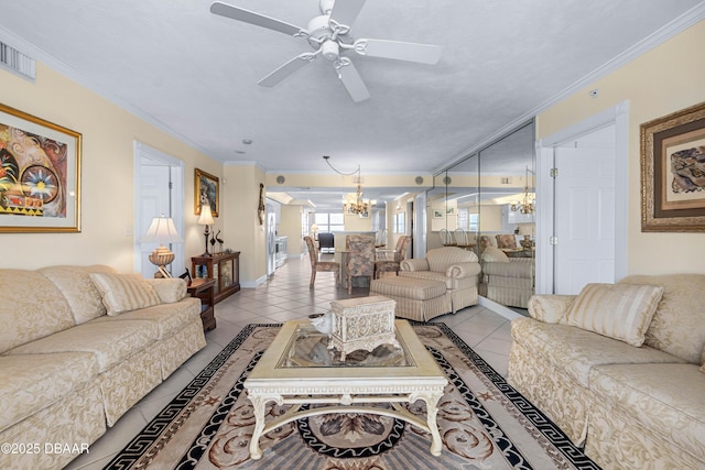 living room with light tile patterned floors, baseboards, visible vents, and ornamental molding