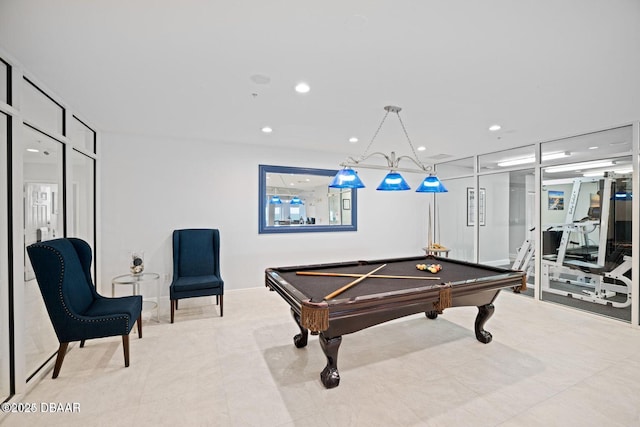 rec room with recessed lighting, light tile patterned flooring, and pool table