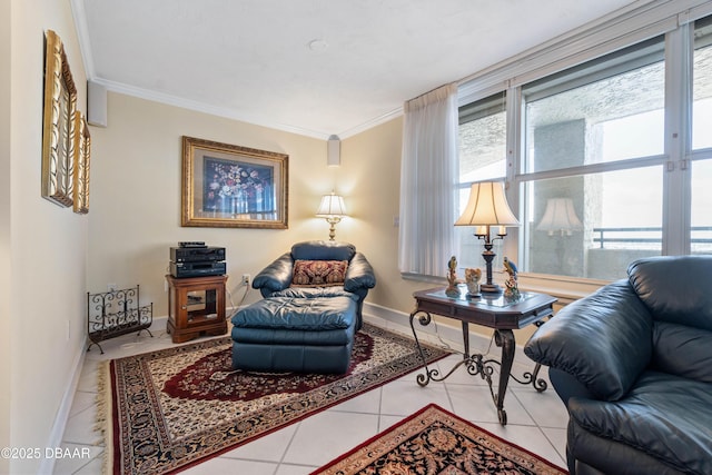 living area with ornamental molding, plenty of natural light, and tile patterned floors