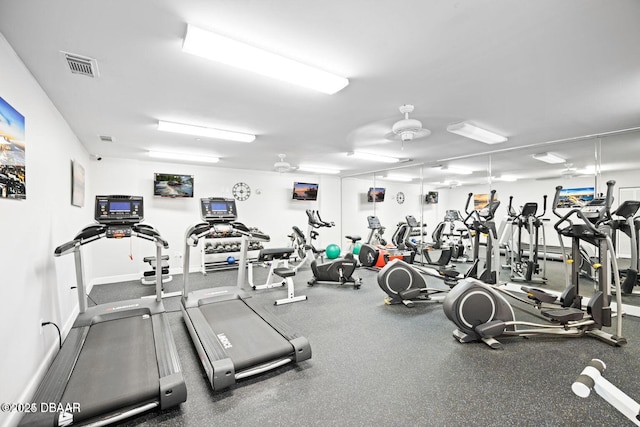 workout area featuring a ceiling fan, visible vents, and baseboards