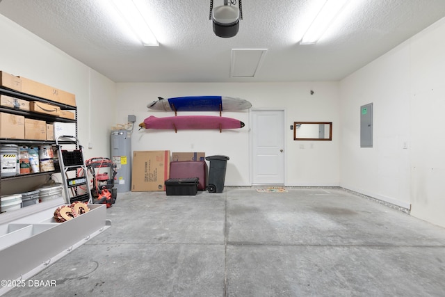 garage with electric panel and water heater