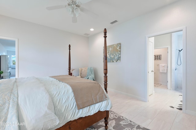 bedroom featuring ceiling fan, light tile patterned floors, and ensuite bathroom