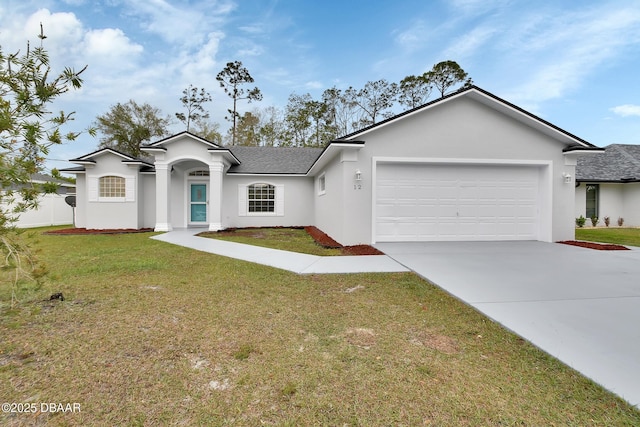 single story home with stucco siding, a front lawn, concrete driveway, an attached garage, and a shingled roof