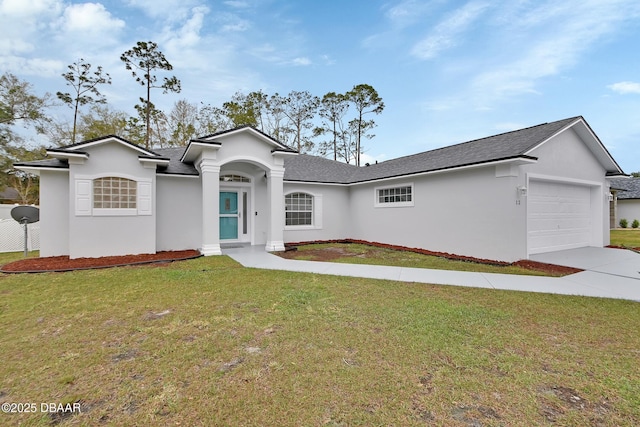 ranch-style house with driveway, a shingled roof, stucco siding, a front lawn, and a garage