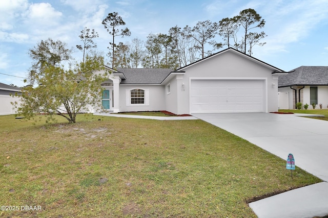 ranch-style house featuring a shingled roof, a front yard, stucco siding, a garage, and driveway
