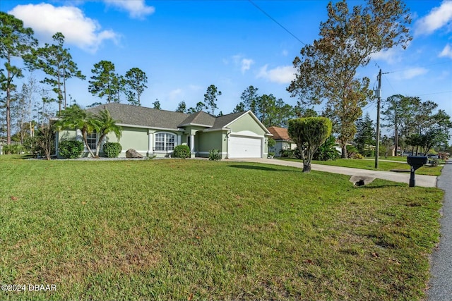 ranch-style house with a garage and a front lawn