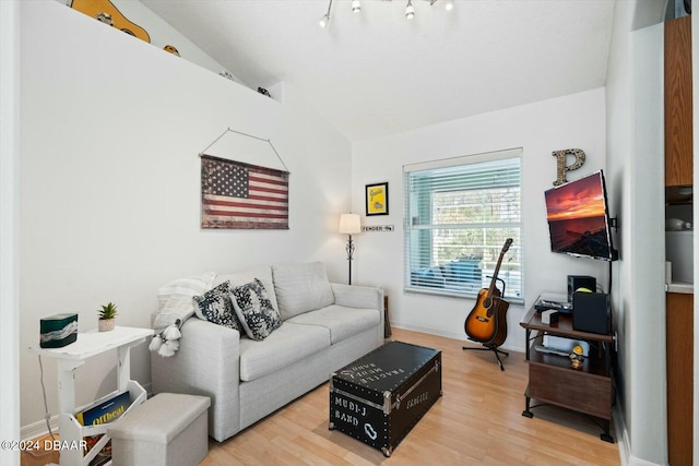 living room with light wood-type flooring and vaulted ceiling