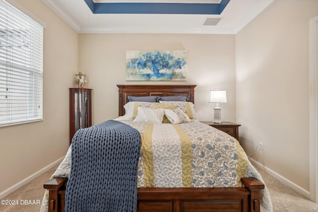 bedroom featuring crown molding and carpet floors