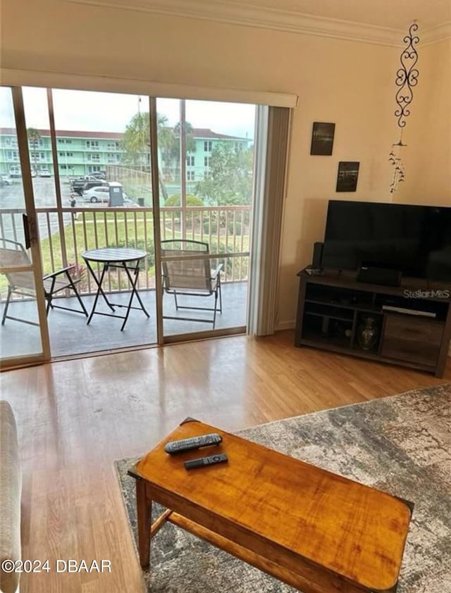 living room featuring hardwood / wood-style floors and ornamental molding