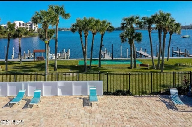 view of home's community with a lawn and a water view