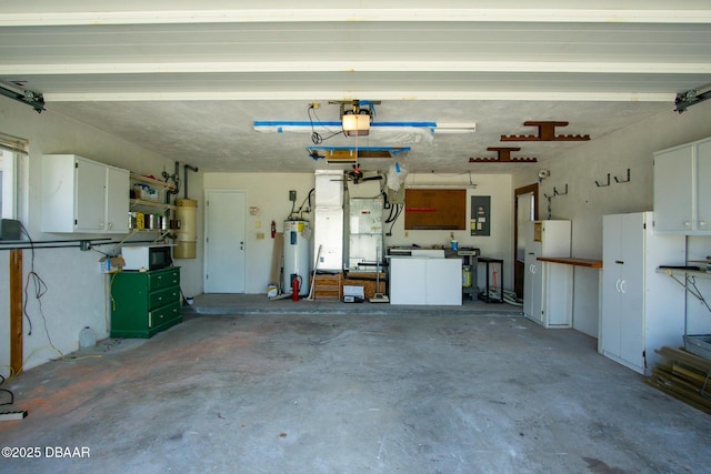 33 Sea Harbor Dr E, Ormond Beach, FL 32176 - garage featuring water heater, electric panel, a garage door opener, heating unit, and strapped water heater