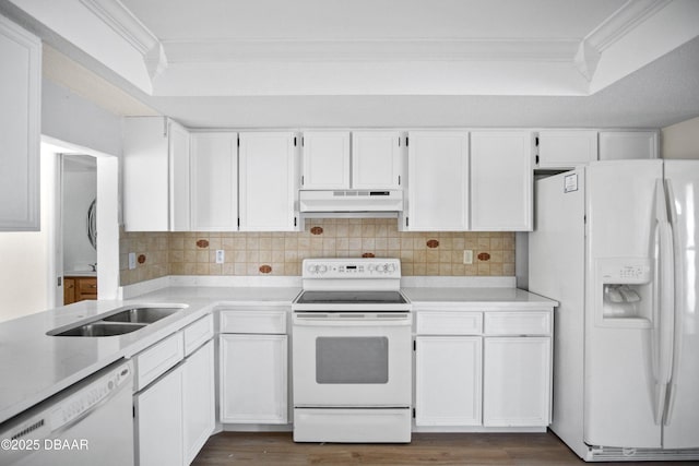 33 Sea Harbor Dr E, Ormond Beach, FL 32176 - kitchen featuring white appliances, under cabinet range hood, crown molding, and white cabinetry
