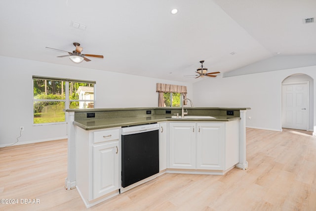 kitchen featuring dishwasher, white cabinetry, sink, and a center island with sink