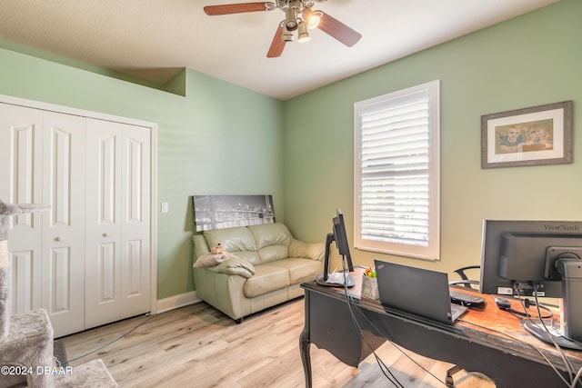 office space with ceiling fan and light hardwood / wood-style floors