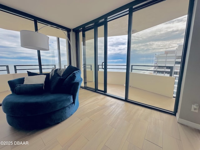 living area with light wood-type flooring, a water view, and plenty of natural light