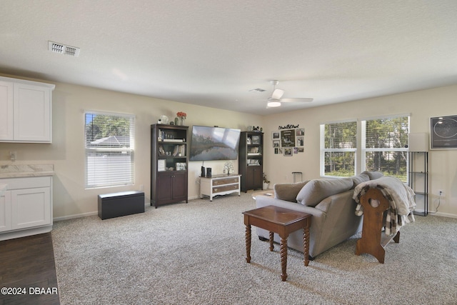 living room featuring ceiling fan, plenty of natural light, a textured ceiling, and dark carpet