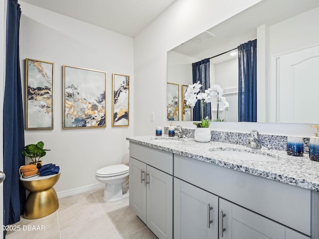 bathroom with tile patterned flooring, vanity, and toilet