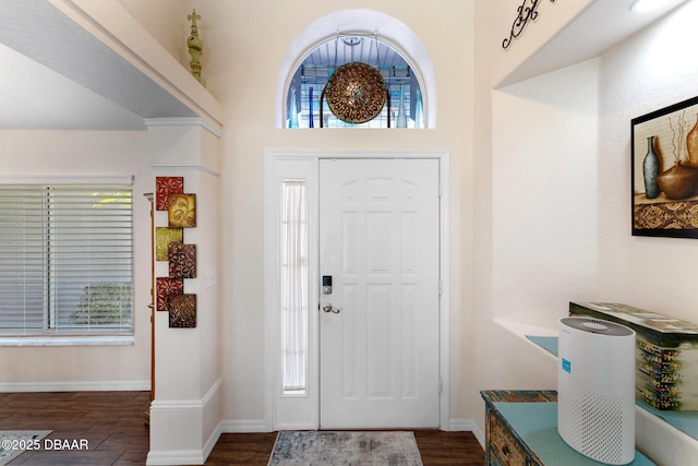 entryway with dark wood-type flooring, a wealth of natural light, and baseboards