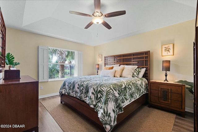 bedroom featuring a tray ceiling, ceiling fan, and wood-type flooring