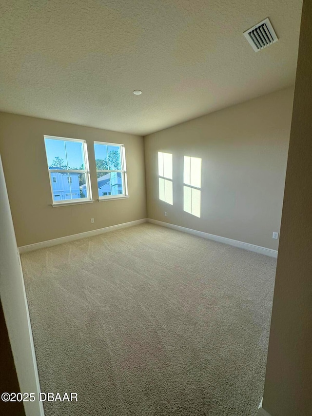 unfurnished room featuring light colored carpet and a textured ceiling