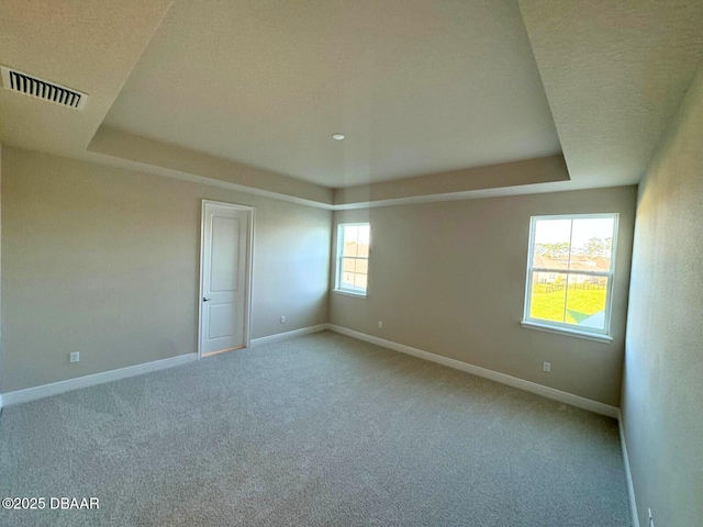 carpeted empty room with a raised ceiling