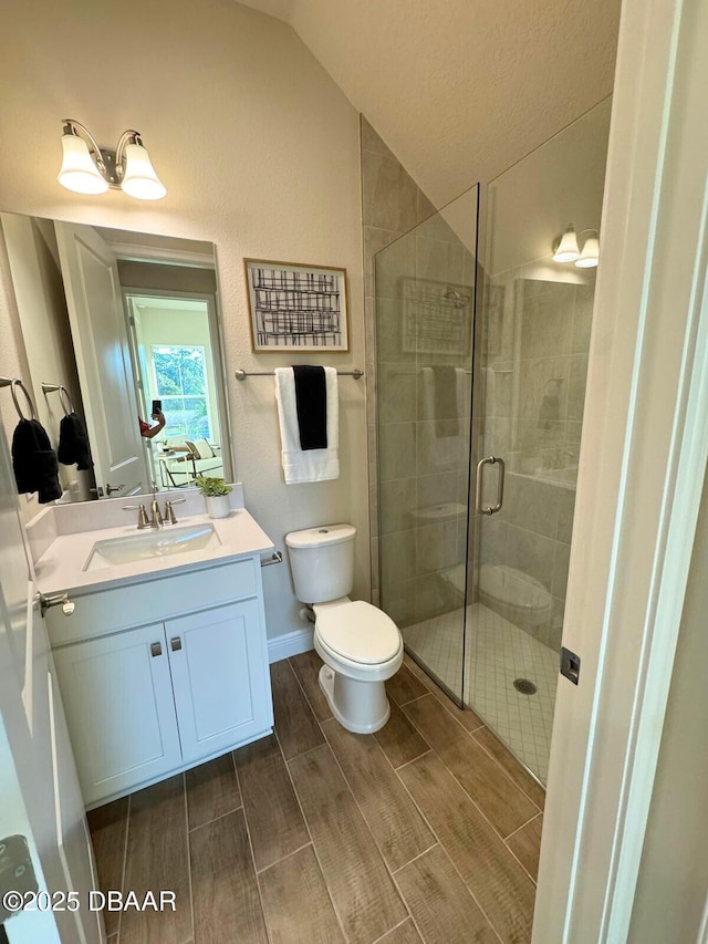 bathroom featuring vanity, toilet, a shower with door, and vaulted ceiling