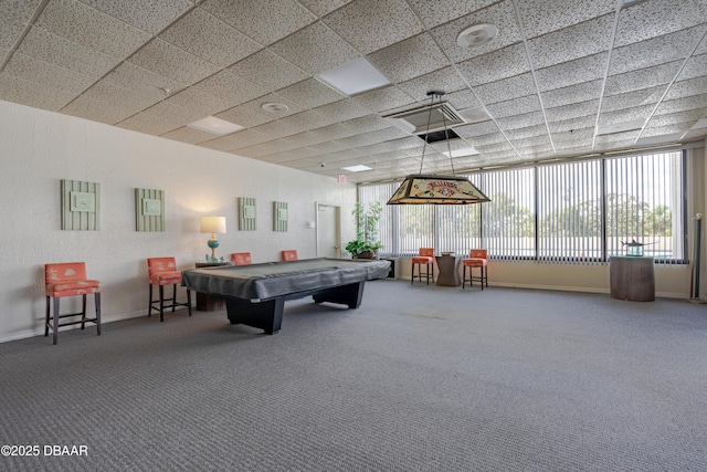 recreation room featuring carpet floors, baseboards, a paneled ceiling, and pool table