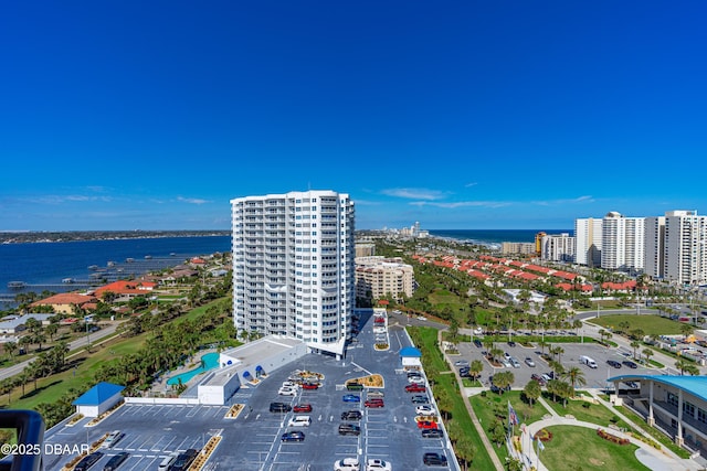 bird's eye view with a water view and a city view