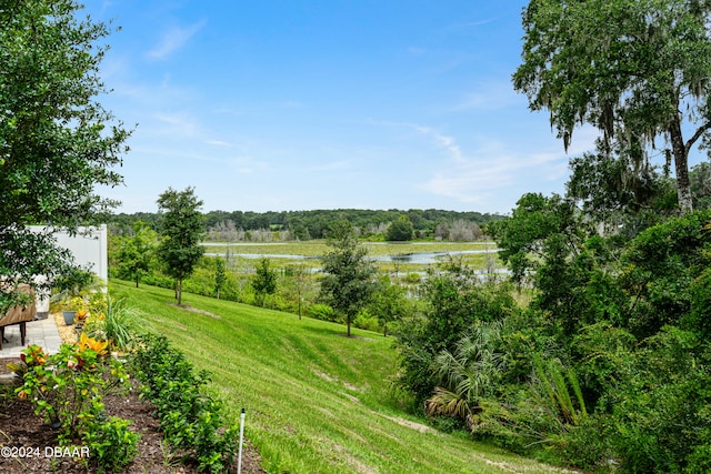 view of yard with a water view and a rural view