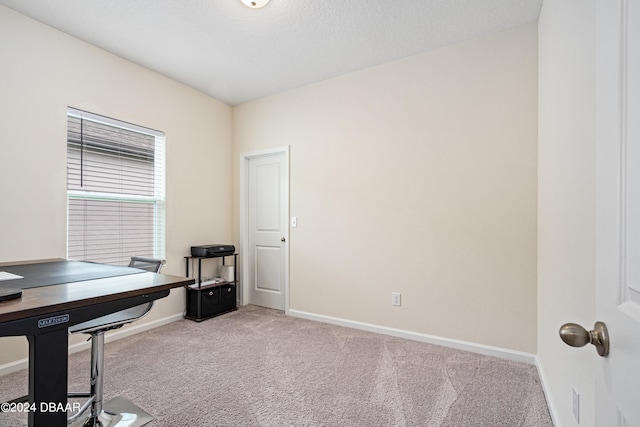 office featuring light colored carpet and a textured ceiling