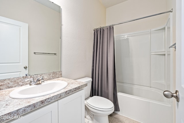 full bathroom with tile patterned flooring, vanity, toilet, and shower / bath combination with curtain