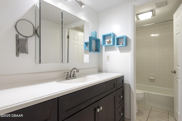 bathroom with shower / bath combination, visible vents, tile patterned floors, vanity, and toilet