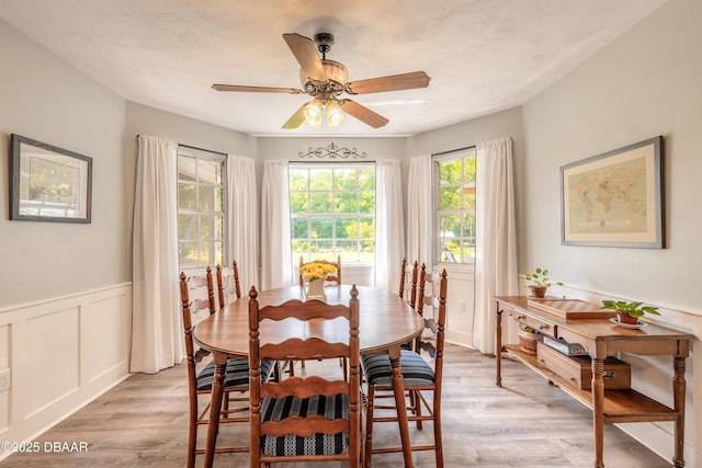 dining area featuring a decorative wall, a ceiling fan, a wainscoted wall, and light wood-style floors