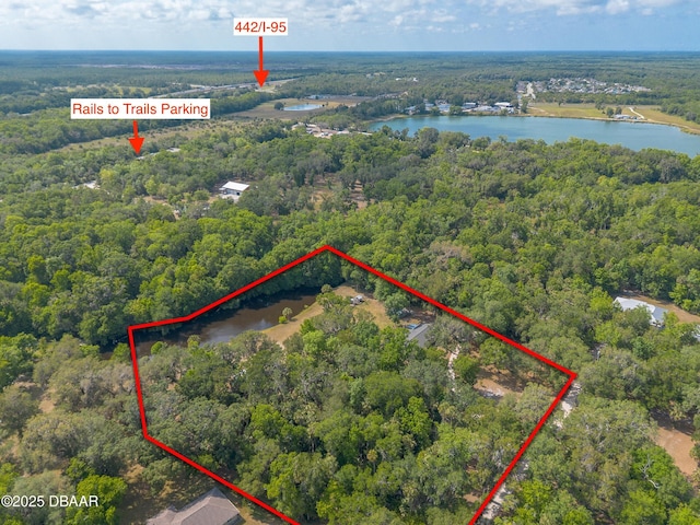 drone / aerial view with a water view and a wooded view
