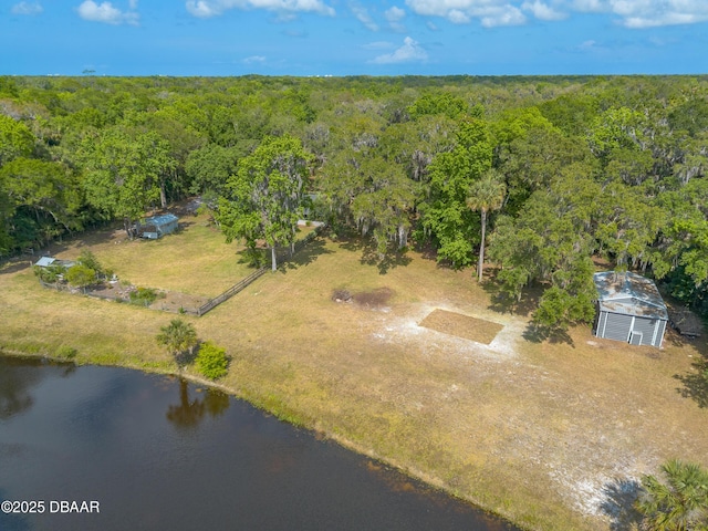 bird's eye view featuring a water view and a wooded view