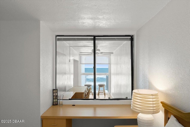 details with a textured wall and a textured ceiling