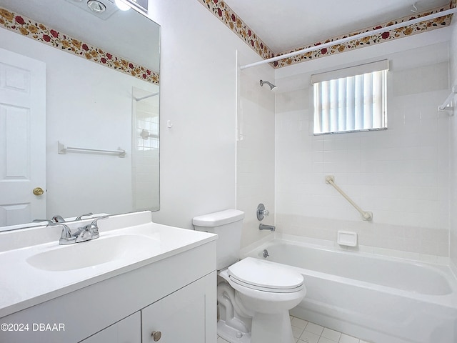 full bathroom featuring toilet, vanity, tiled shower / bath, and tile patterned flooring